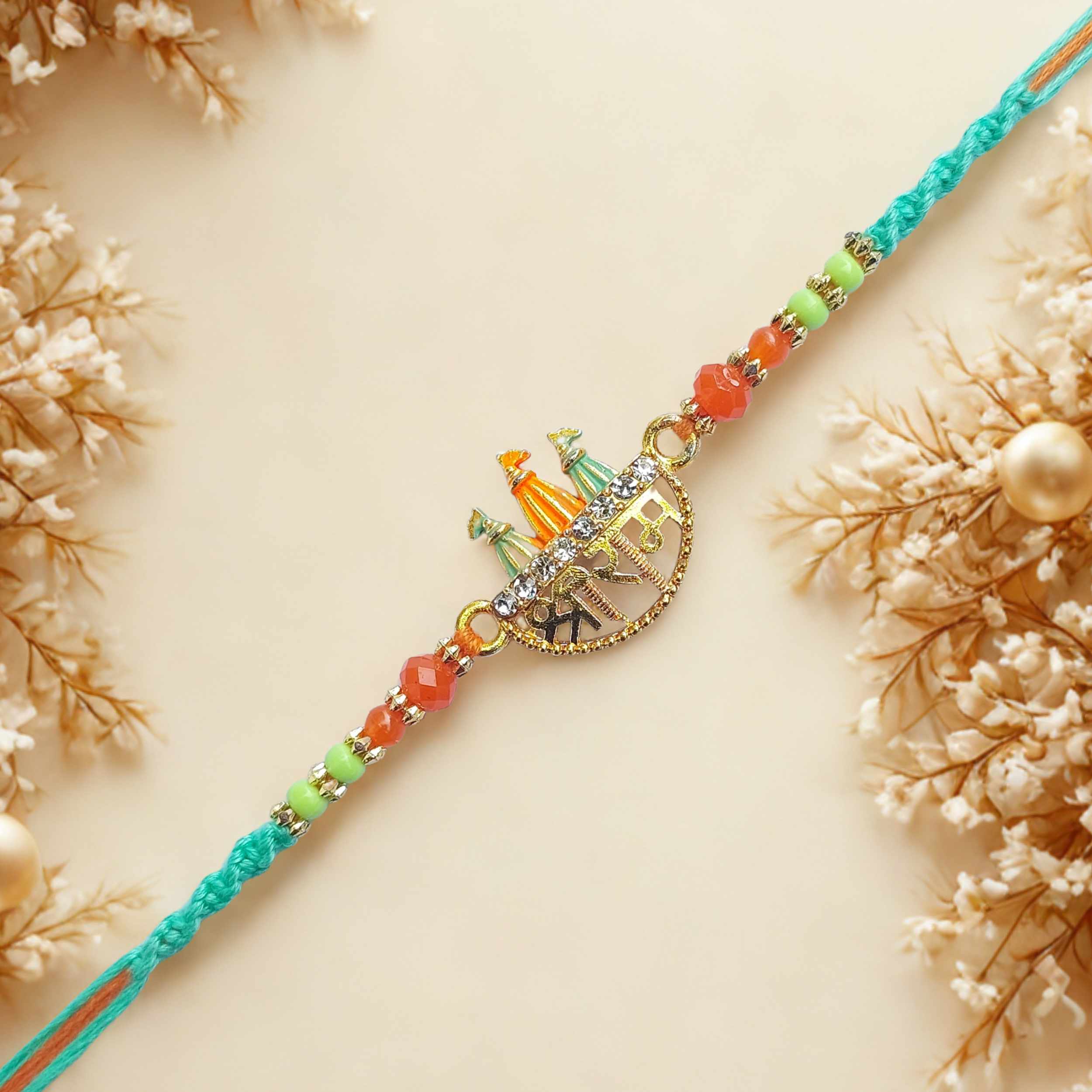 Ram Mandir Rakhi with Tricolor Beads & Stone Work